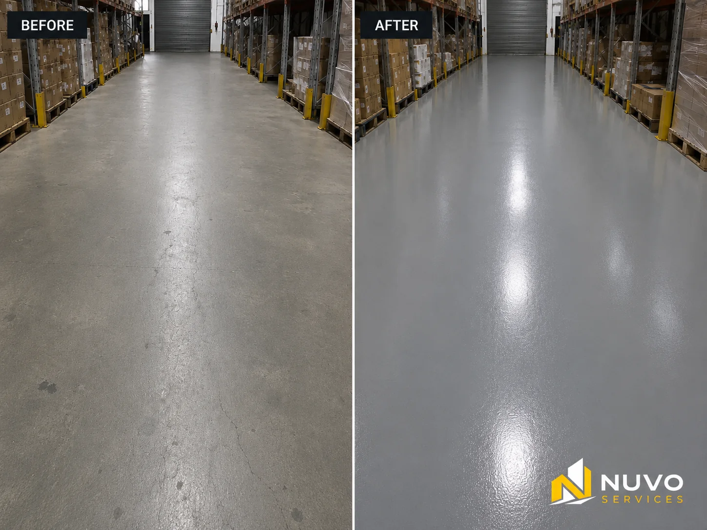 Before and after commercial resin floor refurbishment by Nuvo Services