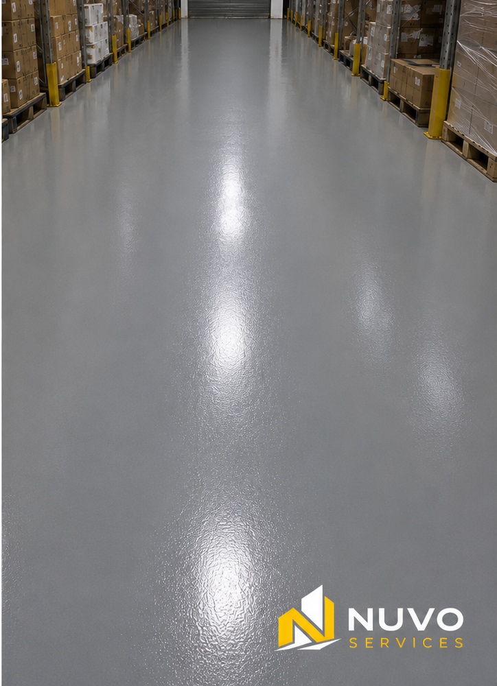Completed grey resin warehouse floor coating in Birmingham after repair and preparation works