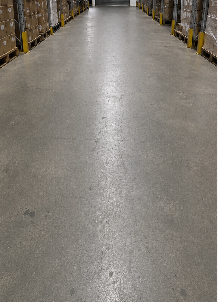 Worn warehouse floor in Birmingham before commercial floor repair and resin recoating