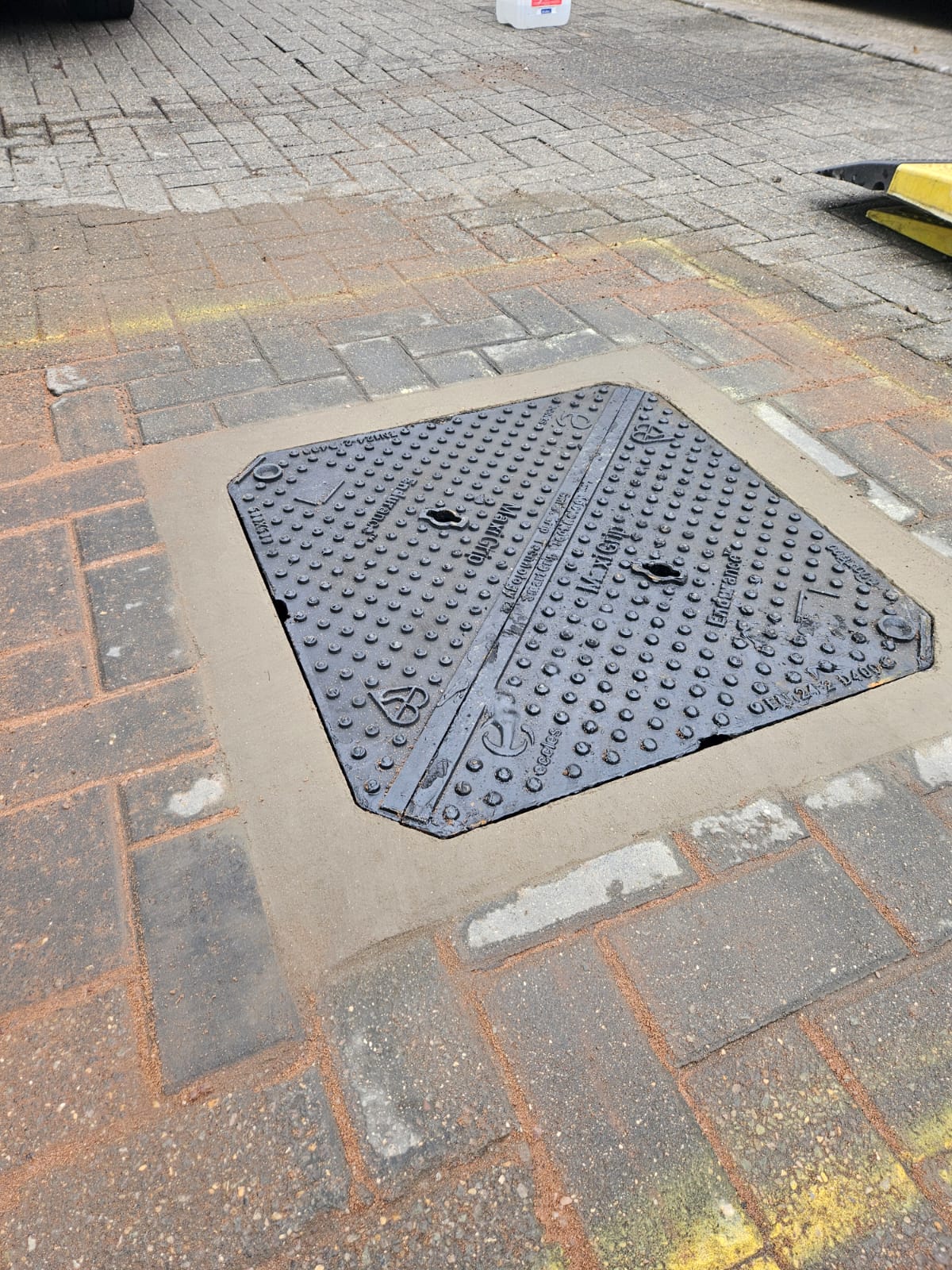 Completed manhole replacement and block paving reinstatement at a commercial site in Nottingham