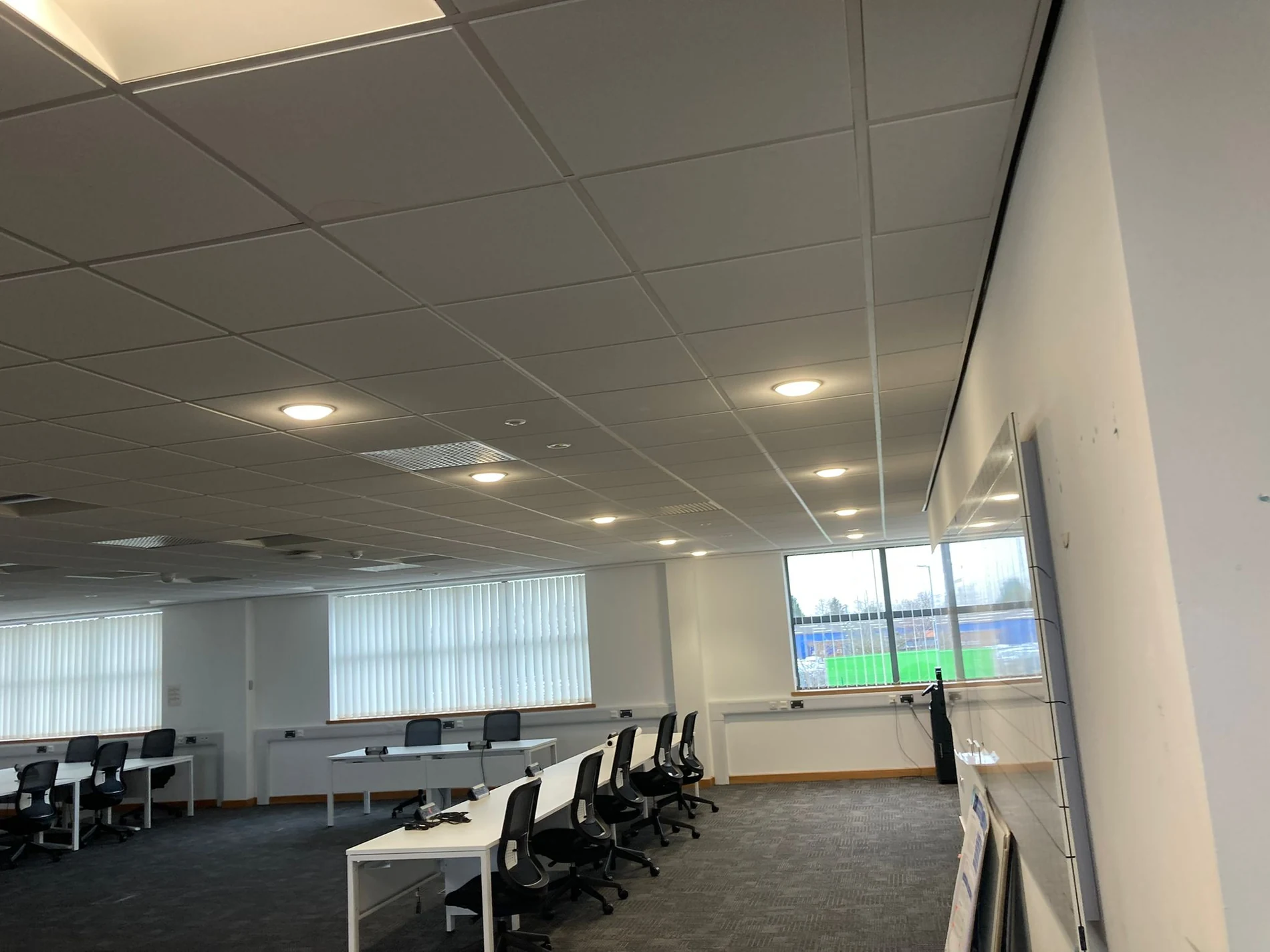 Completed commercial office refurbishment in Warwick with new carpet tiles, decorated walls and suspended ceiling